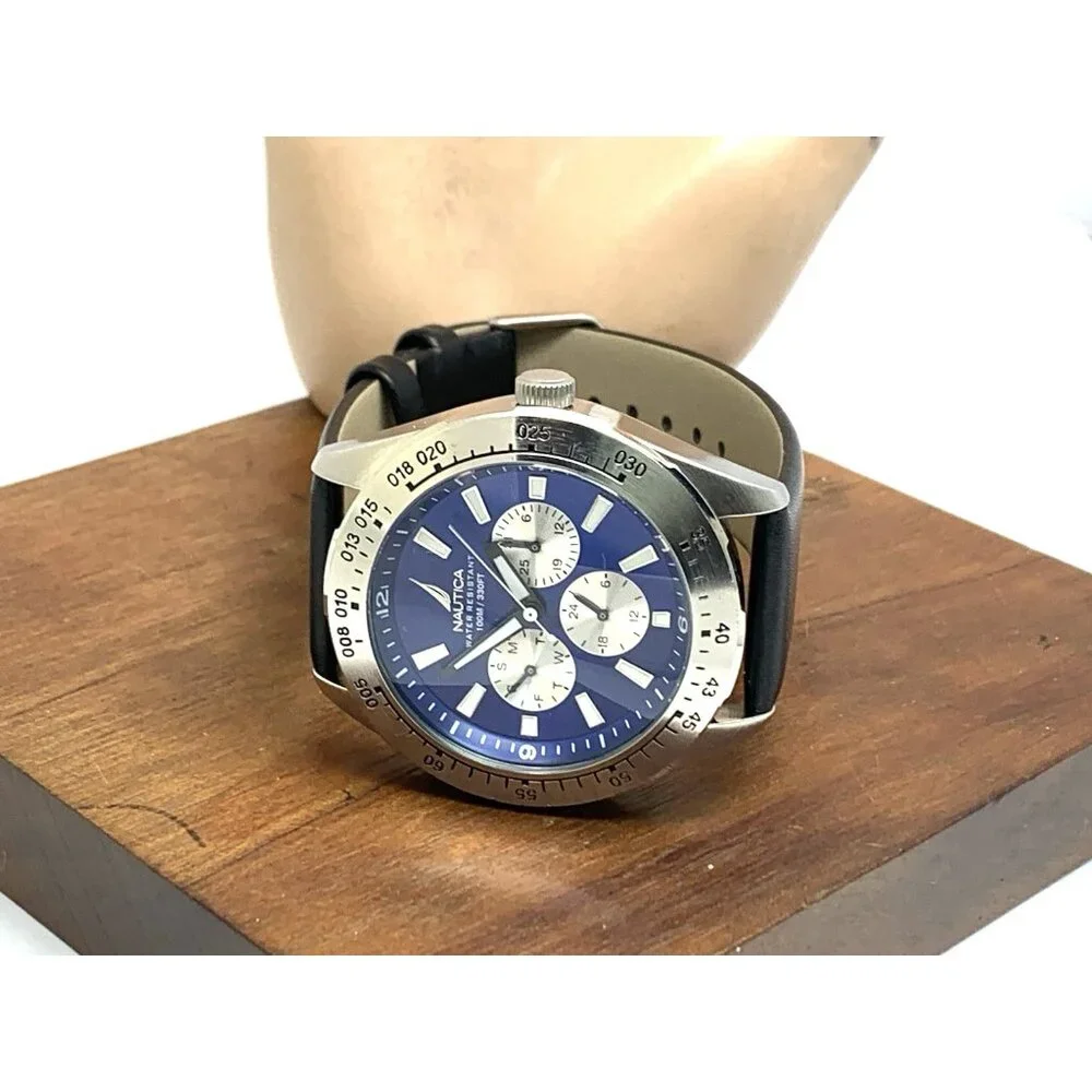 Nautica Men's Watch N11019 Quartz Blue Dial Black Leather Band 43mm